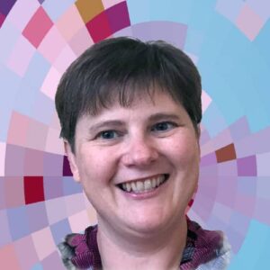 Headshot of Rebecca Hogue, a smiling white woman with short dark hair wearing a floral top, on top of a MYFest background of colorful pink, purple and blue four-sided shapes spiraling out from the center.