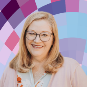 Headshot of Bonni Stachowiak, a smiling white woman with long blonde hair, wearing eyeglasses, a flowered shirt, and a light pink cardigan, on top of a MYFest background of colorful pink, purple and blue four-sided shapes spiraling out from the center.