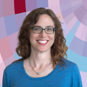 A headshot of Christina Hendricks, a smiling white woman with medium-length, wavy brown hair and dark-rimmed glasses wearing a blue shirt with a silver necklace that has a single round bead on it, on top of a MYFest background of colorful pink, purple and blue four-sided shapes spiraling out from the center.