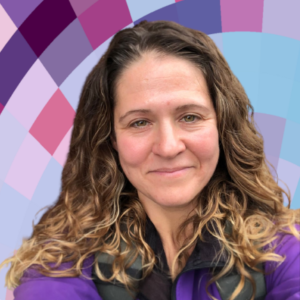 Headshot of Jennie Blake, a smiling white woman with long brown hair wearing a purple top on top of a MYFest background of colorful pink, purple and blue four-sided shapes spiraling out from the center.