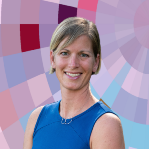 Headshot of Theresa Destrebecq, a smiling white woman with light hair wearing a bright blue top on top of a MYFest background of colorful pink, purple and blue four-sided shapes spiraling out from the center.