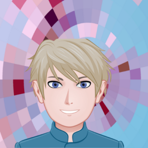 A comicbook-style headshot of a white woman with a short light brown hair and blue eyes wearing a blue top, all on top of a MYFest background of colorful pink, purple and blue four-sided shapes spiraling out from the center.