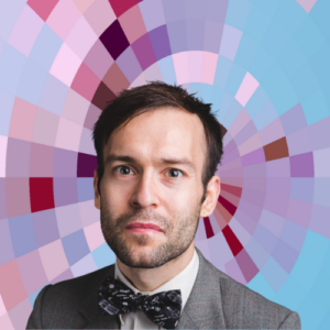 Headshot of Sam Illingworth, a white man with a slight smile and brown hair wearing a suit and bow tie on top of a MYFest background of colorful pink, purple and blue four-sided shapes spiraling out from the center.