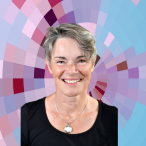 Headshot of Tanja Murphy-Ilibasic, a smiling white woman with light hair, wearing a dark top and a necklace on top of a MYFest background of colorful pink, purple and blue four-sided shapes spiraling out from the center.