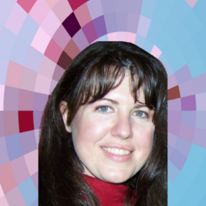 Headshot of Danielle Dubien, a smiling white woman with long dark hair and bangs, wearing a red sweater on top of a MYFest background of colorful pink, purple and blue four-sided shapes spiraling out from the center.