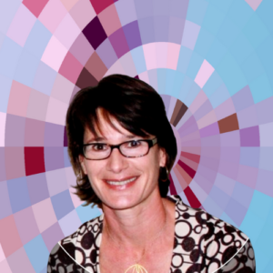 Headshot of Andrea Saveri, a smiling white woman with medium-length brown hair and bangs wearing a black and white patterned top and dark-framed eyeglasses, on top of a MYFest background of colorful pink, purple and blue four-sided shapes spiraling out from the center.