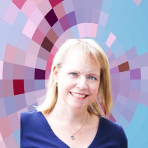 Headshot of Carolyn Ives, a smiling woman with long blonde hair wearing a purplish-blue shirt and a necklace on top of a MYFest background of colorful pink, purple and blue four-sided shapes spiraling out from the center.