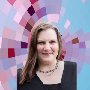 Headshot of Erin Osborne-Martin, a smiling white woman with long light-brown hair wearing a dark top and a necklace of roundish beads or stones on top of a MYFest background of colorful pink, purple and blue four-sided shapes spiraling out from the center.