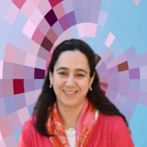 Headshot of Hoda Mostafa, a smiling woman with long dark hair wearing a necklace and earrings and a bright red top and scarf over a white shirt, on top of a MYFest background of colorful pink, purple and blue four-sided shapes spiraling out from the center.
