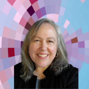 Headshot of Lisa Petrides, a smiling white woman with long blonde hair wearing a dark top and hoop earrings, on top of a MYFest background of colorful pink, purple and blue four-sided shapes spiraling out from the center.