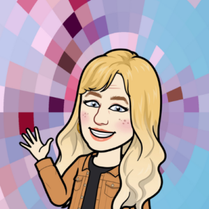 A comicbook-style avatar of Sybil Priebe, a smiling white woman with long blonde hair wearing a dark top and tan jacket, on top of a MYFest background of colorful pink, purple and blue four-sided shapes spiraling out from the center.