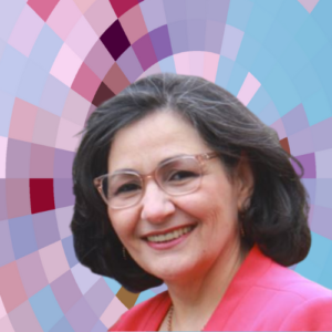 Headshot of Rima Al-Tawil, a smiling woman with shoulder-length dark hair wearing a pink suit jacket and wearing framed eyeglasses on top of a MYFest background of colorful pink, purple and blue four-sided shapes spiraling out from the center.
